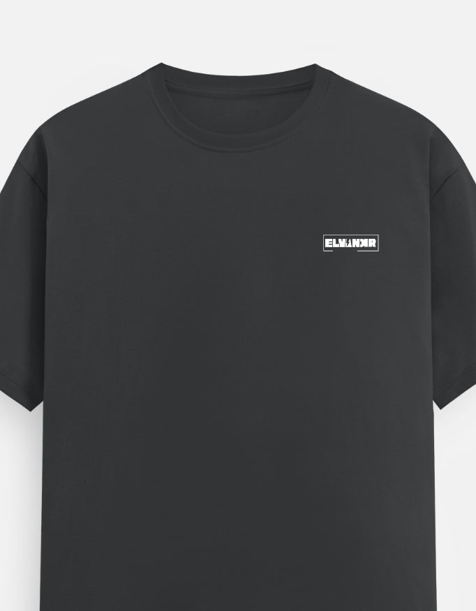 Elvanoir Luxe Crew – Steel Grey unisex crew-neck tee with logo detail and relaxed fit.